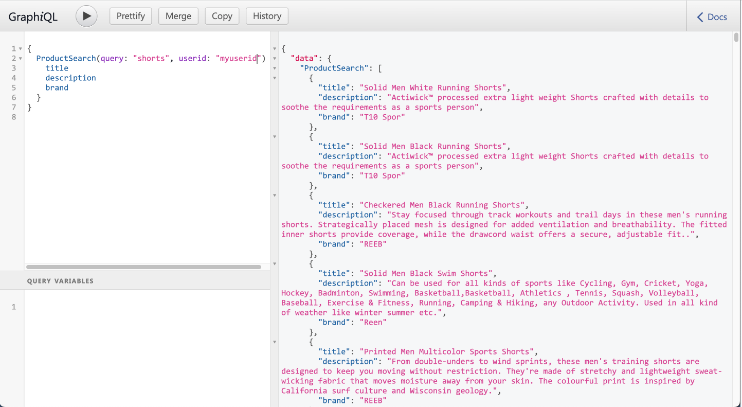 Personalized search results shown in GraphiQL |